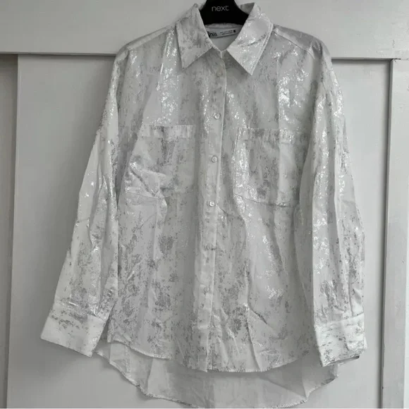 Zara Brushed Silver Metallic Foil White Cotton Button-Up Blouse | S | NWT - Picture 8 of 12